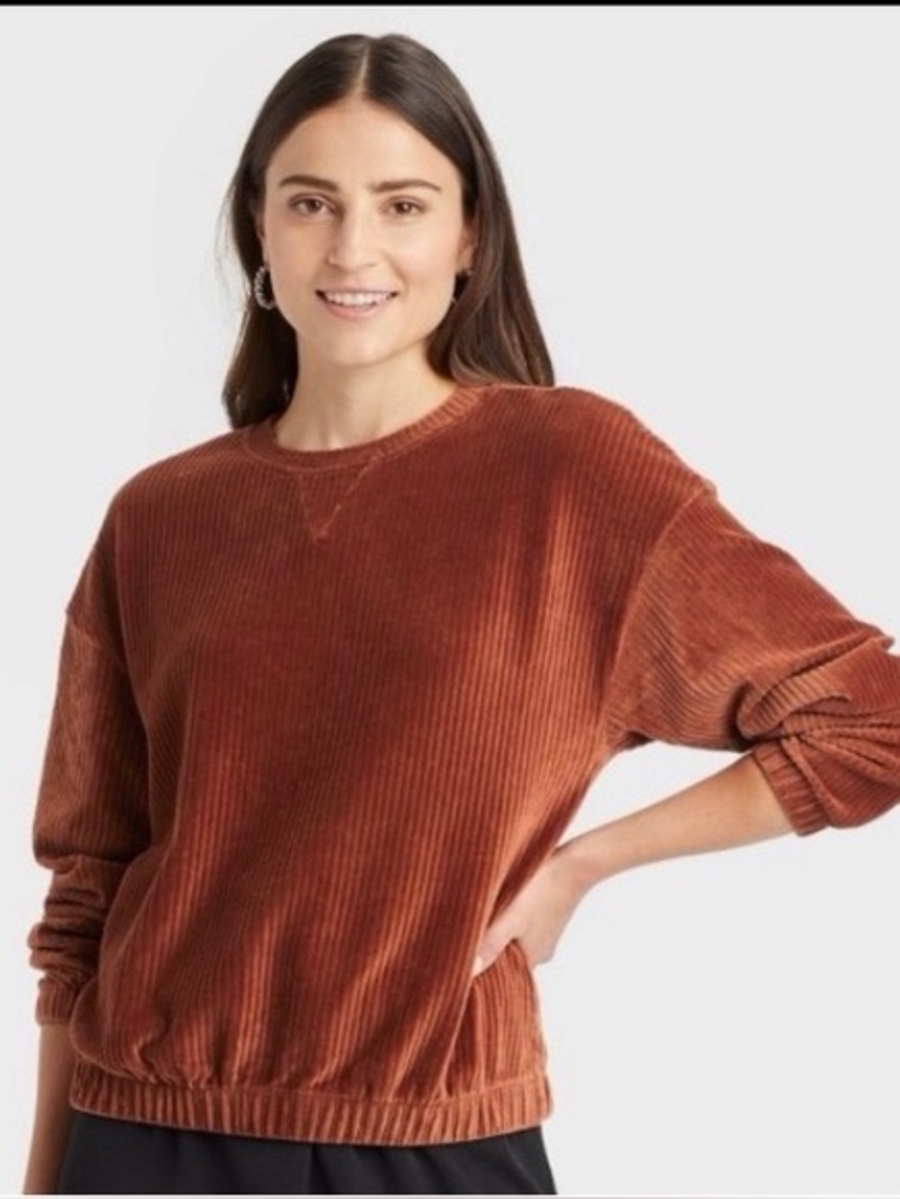 A New Day Terracotta Rust Red Velvet Cord Ribbed Crewneck Sweater Size XS NWT